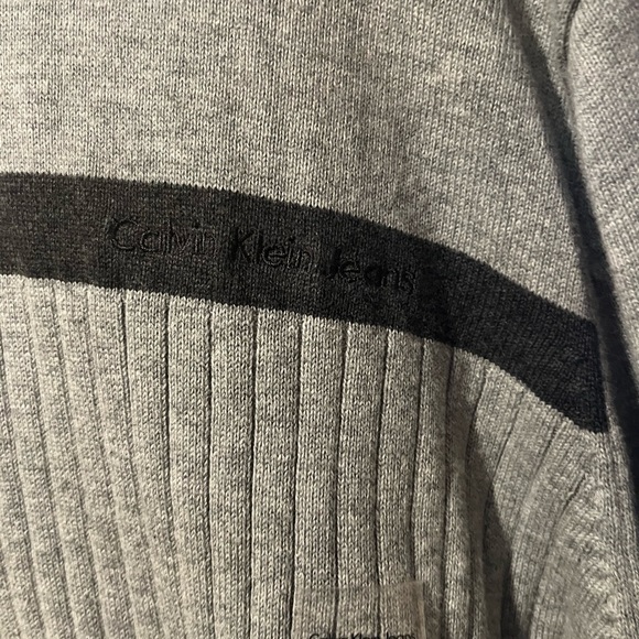 Calvin Klein Grey Long Sleeve Crew Neck Rib Knit Sweater With Dark Grey Stripe - Picture 3 of 7